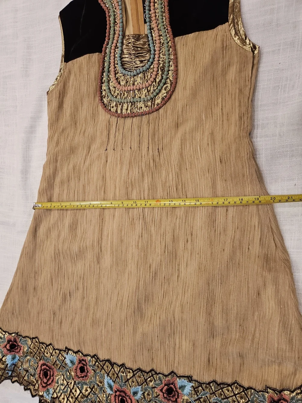 Embroidered Gold-Tan Girls' A-Line Dress with Floral Hem